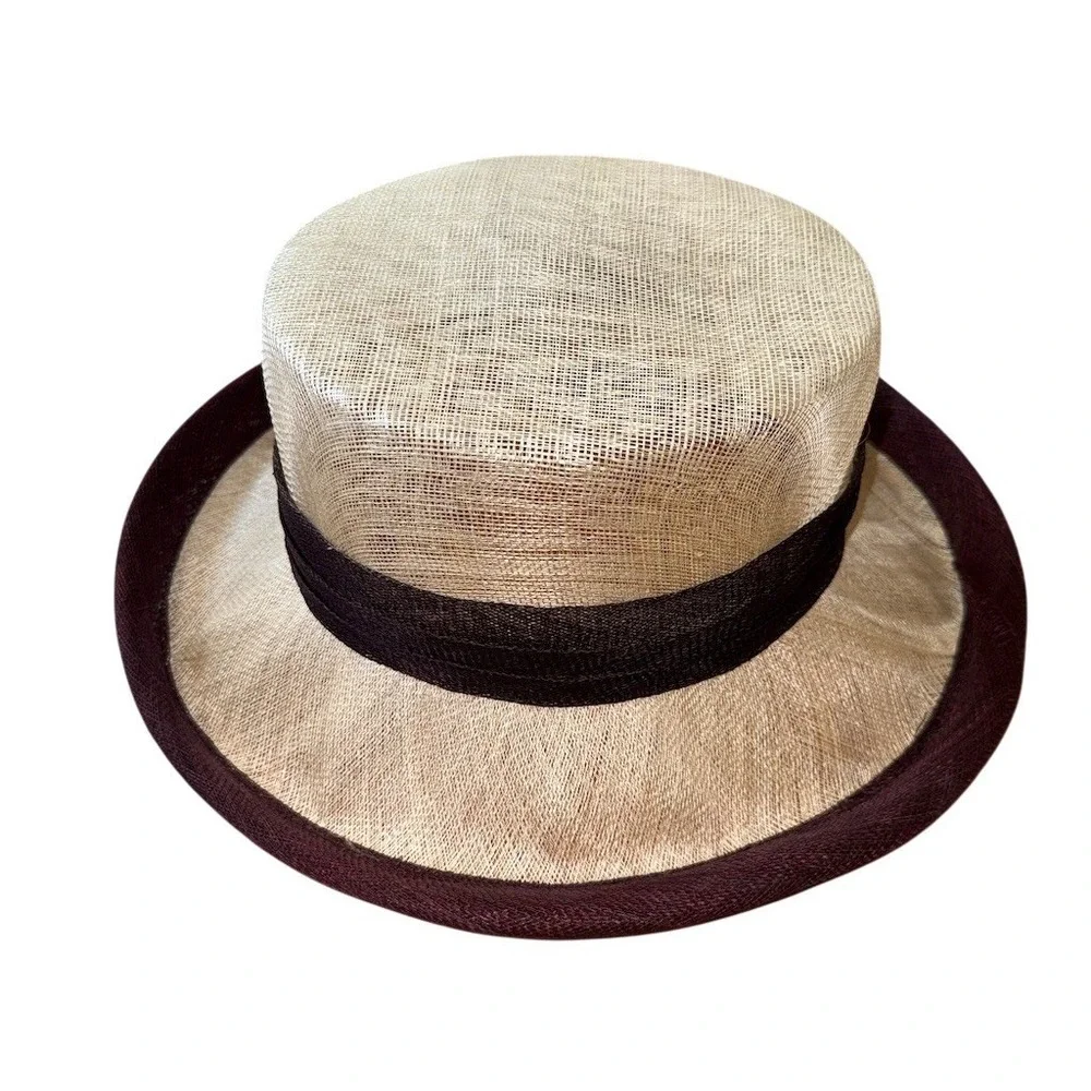Sinamy Womens Derby Church Boater Hat One Size Beige Black Trim Flower wide brim